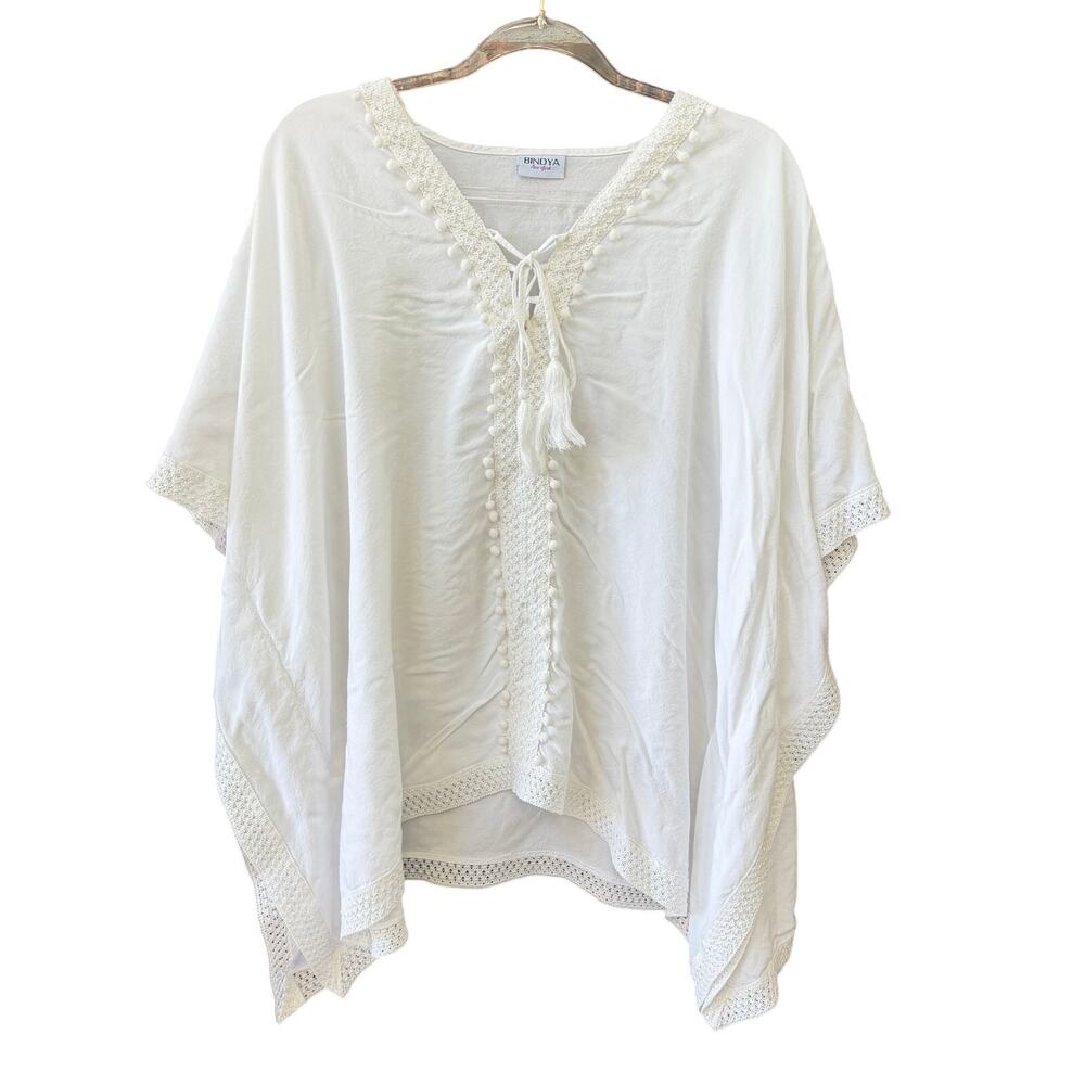 Bindya New York White Cover Up Blouse Pom Pom Boho Medium Large